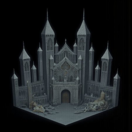 A Medieval castle with elderscrolls inspired aestetics and legend of zelda
Set against a solid dark black color background to emphasize its unsettling unnatural form that emphasizes its silhouette. The medium is not a traditional painting or illustrative medium like watercolor or ink but rather a digital 3D rendering.
MikeFranchinastyle, d4artstyle, d4concept, , bbstyle,, horror theme,, zbrush, ZBClay model of a gray sculpture, 1990's, 1990's style