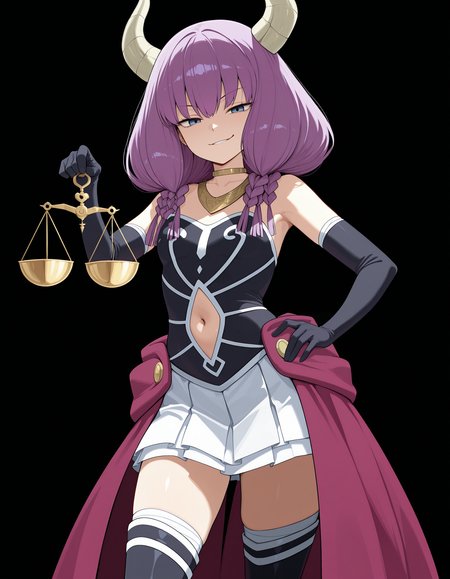 <lora:Aura:1>aur4, demon horns, demon girl, braid, multiple braids, purple hair, low-braided long hair, blue eyes, 
d3fault4ura, gold necklace, white skirt, waist cape, black corset, strapless skirt, neck ring, navel cutout, detached sleeves, gloves, thigh boots,
looking at viewer, smirk, weighing scale, holding weighing scale, one hand on hip, 
(solid black background:1.4), simple background,, masterpiece, best quality, amazing quality