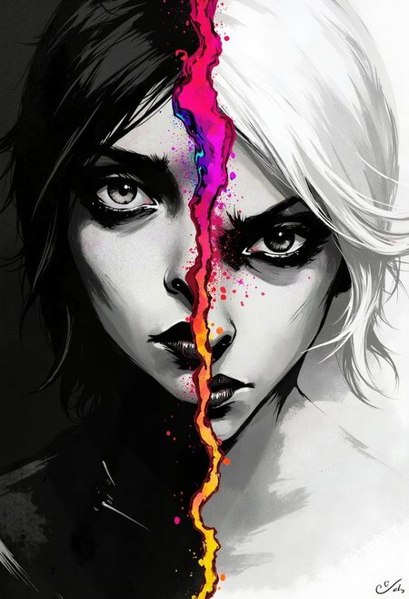 ArcaneFGTNR, A high-fashion close-up portrait in ultra-high resolution, showcasing two contrasting figures in a grayscale scene, divided by a vibrant splash of rainbow ink suspended mid-air between them. One figure is dressed in sleek black attire, their face illuminated with soft, ethereal white shadows that enhance the contours of their features. The other figure is in pure white, with dramatic, dark shadows cascading across their face, accentuating their intense, mysterious expression. In the center, a delicate swirl of rainbow-colored ink floats, creating a mesmerizing splash of color that contrasts with the monochrome surroundings. The fine details of their makeupadark, smoky eyes and matte lipsaare visible with striking clarity, while the rainbow ink adds a surreal touch, blending seamlessly into the scene. The grayscale background softly blurs, keeping all focus on the dramatic faces and vivid color burst, creating a captivating fusion of high fashion, elegance, and mystery. ANIcoMEij, comic style, comic, pencil scatch, drawing, comic, (rough lines with ink:1.4)