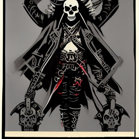 dual wielding, midriff, leather, skull, elbow gloves, barefoot, silhouette, samurai, male focus