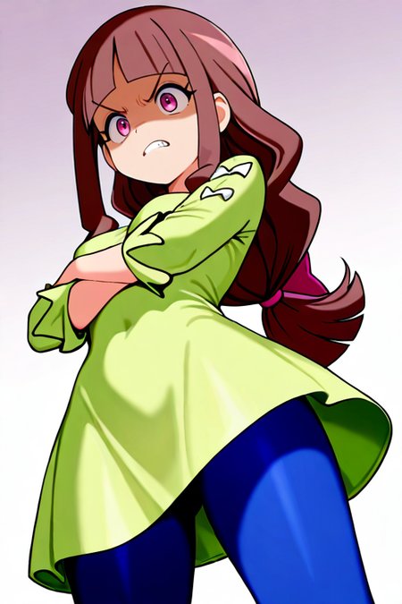 masterpiece, High quality, Ultra detailed, 2d, newest, absurdres, highres, BREAK
1girl, solo, <lora:tsukiyono_ruli:0.8>, ruli_tsukiyono,  long hair, low-tied long hair, blunt bangs, brown hair, purple eyes, 
medium breasts, ruliSk, long sleeves, green dress, blue Leggings, 
crossed arms, from below, angry, shaded face,