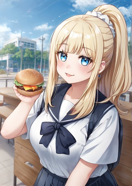 1girl, ayase eli, huge breast, blonde hair, blue eyes, burger, food, looking at viewer, otonokizaka school uniform, ponytail, school uniform, scrunchie, solo, summer uniform, traditional media, white scrunchie, zPDXL3 <lora:KiToSan:1>