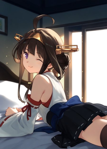 score_9, score_8_up, score_7_up, masterpiece, best quality, absurdres, official art, official style, (anime screencap, megami magazine:1.2), zPDXL2, zPDXLxxx, <lora:Shibafu_Style_Pony_v1:0.7>, 1girl, solo focus, shibafu_style, <lora:kongou-09:0.8>, kongoukainiKC,long hair, skirt, thighhighs, ahoge, hairband,detached sleeves, japanese clothes, black skirt, hair bun, double bun, headgear, ribbon trim, nontraditional miko, ribbon-trimmed sleeves, <lora:neg4all_bdsqlsz_xl_V91:1.0> <lora:ALTXL_pony_0061_8:2.0>, <lora:detailed_hands-000002:1>, hand bedroom, on bed, bed sheet, evening, sunset, dim lighting, light particles, on stomach, from side one eye closed, closed mouth, smile, looking at viewer,