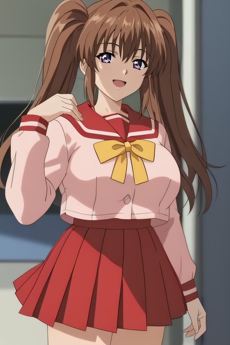 score_9, score_8_up, score_7_up, source_anime, rating_safe, intricate details, original artstyle, anime screencap, 1girl, solo, <lora:Serizawa_Miki_V2:1>, serizawamiki, purple eyes, brown hair, twintails, long hair, pink shirt, large breasts, school uniform, long sleeves, red sailor collar, yellow ribbon, red skirt, pleated skirt, thighs, looking at viewer, smile, indoor, cowboy shot