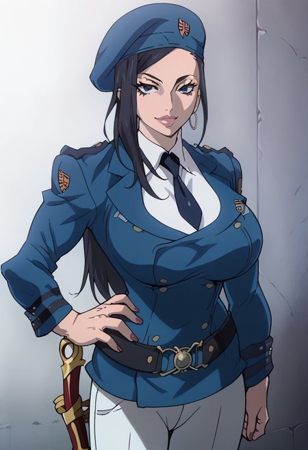 score_9, score_8_up, score_7_up, score_6_up, BREAK, 
mkna, standing, hand on hip, wearing (dark military_uniform, beret, tie, white pants, belt, sword), sheath, hoop earrings, large breasts,
torso, beautiful face, (revealing clothes), (tight outfit: 1.3), tall girl, sexy smile, abs, very fit, muscles, toned, huge breasts, slut, whore, round breasts, breasts together,