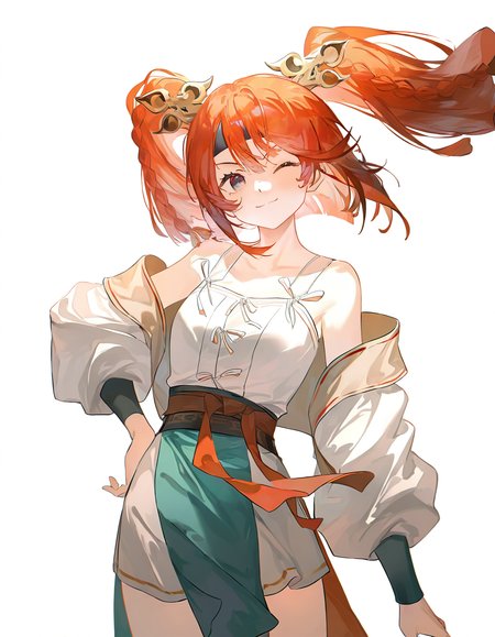 1girl,solo,looking at viewer,simple background,white background,cowboy shot,standing,smile,one eye closed,weisuojiaju,<lora:weisuojiaju-000012:1>,hand on own hip,, masterpiece, best quality, very aesthetic, absurdres,newest, incredibly absurdres,