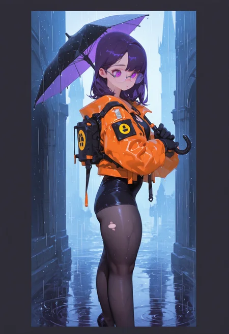 masterpiece, best quality, ((cinematic lighting)),
((cropped upper body, close up)),
1girl, solo, from above , from side ,
kneeling ,
medium hair ,
swept bangs ,
purple eyes ,large rimless round glasses,
flat chest, [[[abs]]],
pumps, torn black tights ,
skindentation, ((chubby thick legs), thick legs, chubby legs), thick calves,
over sized hazard jacket ,
black tight short tanktop, medium spats,
dynamic perspective ,
BREAK,
holding vinyl umbrella, raining, storming, night ,
medieval  inside castle ,
detailed,
Flatline, Flat vector illustration,
nurzhan bekkaliyev,
ma1ma1helmes_b_illu, Deadpuritystyle,
<lora:sdxl_turbo_weghts_beta_v0_1_0:0.95>
<lora:NOOB_vp1_detailer_by_volnovik_v1:0.45>
<lora:Detailer_NoobAI_Incrs_v1:0.6>
<lora:flatline:0.8 >
<lora:Nurzhan_Bekkaliyev:1.2>
<lora:deadpuritySDXLvpred10:0.9>
<lora:XXX477:0.6 >