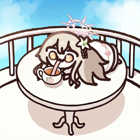 1girl, nagisa \(blue archive\), chibi, very long tongue, solo, drinking tea, tongue in tea cup, on stomach, full body, at terrace, on white round table, blue sky, balcony, white porcelain tea cup, white porcelain tea pot, best quality, amazing quality, best finished, <lora:gwezuna:1>