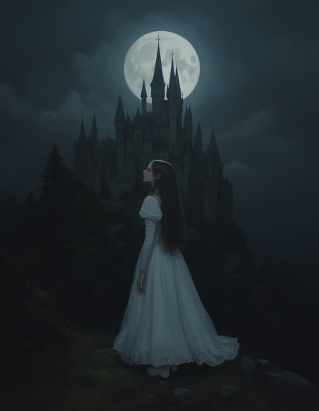 Minimalist oil painting a pale melancholy 12 year old princess in a Victorian dress, inside a castle lit by strong moonlight, novuschroma, vantablack, niji_flux <lora:- Flux1 - vanta_black_V2.0:.8> <lora:113_novuschromaFLX_1:.4>  <lora:MoriiMee_Gothic_Niji_Style__FLUX_LoRA_Test_2:1> <lora:neeeg_f1:-1>