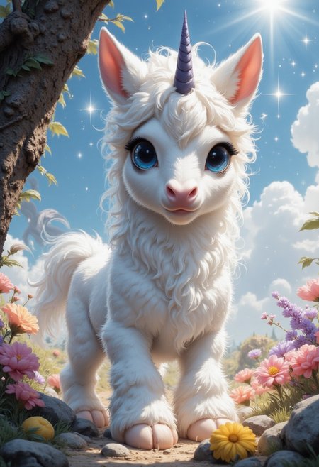 a little cute baby unicorn. stanting. big blue eyes. fluffy soft fur. purple horn. little flowers. sun in background.
illustration, perfect composition, intricate details,  atmospheric lighting, streaks of light
Masterpiece, vibrant colors, very detailed, midjourneyv6.1, detail background, detailed, sparkling effect, sparkling, Fluffy