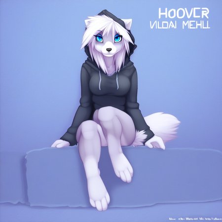 Wolfy-Nail Style, 1girl, hood, furry female, tail, furry, blue eyes, solo, hoodie, animal ears, sitting, white hair, artist name, breasts, barefoot, looking at viewer