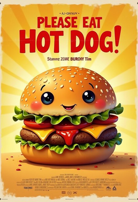 a movie poster of a Cuddly hamburger with patchy bread and a floppy ketchup and big round eyes make it irresistibly cute in a beautiful highly saturated dynamic image with the title "PLEASE EAT HOT DOG!" featuring text "Starring BURGHY Tim" mvpstrCE style
