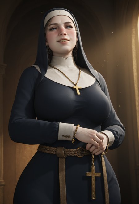 lnds2, 3d, realistic, 1girl, (solo), pale skin, wide_grin, (gold teeth), nose blush, parted lips, (blue_eyes), thick eyebrows, wimple, guimpe, huge_breasts, ((clothed)), large hips, rope belt, (nun_outfit), jewelry, ((grills)), (oversized necklace), \cross\_necklace, untucked clothes, holding, rosary, traditional_nun, standing, (unaware), contrapposto, upper body, candid, soft lighting, perspective, masterpiece, best quality, amazing quality, best resolution, very aesthetic, 4k, latest, <lora:ce4c24f5-8ed9-47a3-8883-15b2ea1d4abb:0.9>