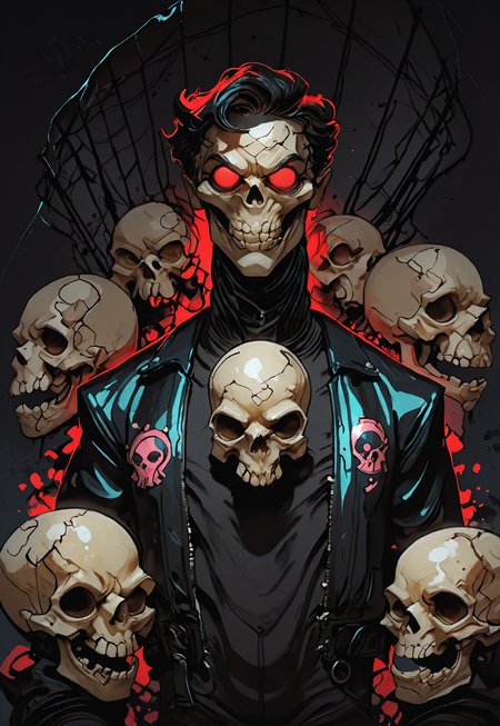 MythAn1m3, INCASE Style,   Title: "Dark Gothic-Style Illustration - Skull-Faced Figure"  Art Style: A dark, gothic-style illustration featuring a central figure with a skull-like face, red eyes, and an ornate umbrella with Japanese characters. The style emphasizes intricate details and a somber, mysterious atmosphere.  Subject & Details: The central subject is a figure with a skull-like face, red eyes, dressed in a black leather jacket adorned with intricate designs and symbols, including a skull emblem on the left side. The attire also includes a helmet with a similar skull design. The figure carries a large, ornate umbrella with Japanese characters.  Visual Elements: The figure's skull-like face, red eyes, black leather jacket with intricate designs and symbols, helmet, and ornate umbrella contribute to the dark and mysterious atmosphere of the image. The muted background with soft beige tones and faint silhouettes of birds in the distance add depth and visual interest. The overall color palette is dominated by dark shades of black, gray, and white, with the red eyes providing a striking contrast.  Composition: The composition focuses on the central figure's somber and mysterious appearance, emphasizing intricate details and the gothic atmosphere. Attention to detail in the character's facial expressions, body language, and physical characteristics helps create an immersive experience that tells a story or evokes emotions without relying on text. The overall color palette and muted background add depth and visual interest to the image.  Additional Details: The dark, gothic-style illustration exudes a sense of mystery and intrigue, with the figure's skull-like face, red eyes, and ornate accessories contributing to an air of foreboding and drama. solo, looking_at_viewer, short_hair, simple_background, shirt, 1boy, red_eyes, hat, jacket, upper_body, monochrome, male_focus, open_clothes, open_jacket, black_jacket, gradient_background, mask, glowing, glowing_eyes, clothes_writing, zipper, skull, cyborg, skeleton, cyberpunk, skull_print