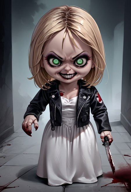 score_9, score_8_up, score_7_up, 1girl, looking at viewer, naughty face, from above, smile, cute, shortstack, doll joints, adult woman, holding, holding a weapon, knife, holding a knife, sinister, creepy grin, crazy eyes,
TiffanyXLP, blonde hair, green eyes, eyeshadow, makeup, white dress, long skirt, black jacket, tattoo, creepy, horror, blood, basement, shadows, fog, detailed eyes, creepy eyes,