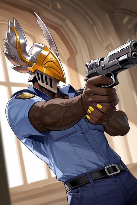 realistic shading, natural lighting, helmetted black-skinned male focus, argusld, grey-yellow_argusld_winged helmet, 1helmetted male, pokemon (creature), covered eyes, holding gun, aiming, fighting stance, yellow fingernails, arm veins, police cosplay, police uniform, glowing, shadow, day indoors sewers, foreshortening, dutch angle, dynamic angle, dynamic action, intricately detailed illustration, cinematic, depth of field, atmospheric perspective, masterpiece, best quality, amazing quality, very aesthetic, absurdres, newest