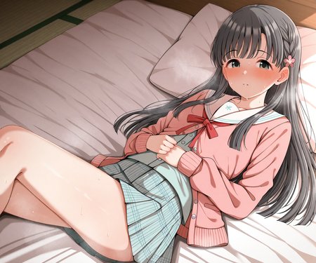 masterpiece, best quality, amazing quality, , 1girl, solo, skirt, cardigan, shirt, kobayakawa sae, looking at viewer,  <lora:Mithrilrim style ILL-v2:1.2> mithrilrim