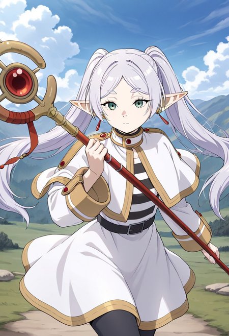 masterpiece, best quality, newest, absurdres, highres, anime, anime style, DPDV1.0, dynamic pose, polearm, holding polearm, holding weapon, weapon, 1girl, frieren, elf, pointy ears, pigtails, white robe, 
staff, holding staff,