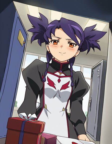 score_9, score_8_up, score_7_up, source_anime, <lora:nina-wang-s1-ponyxl-lora-nochekaiser:1>, nina wang, bangs, twintails, purple hair, braid, twin braids, orange eyes, anime screencap,, long sleeves, dress, jewelry, earrings, puffy sleeves, black dress, juliet sleeves,, tunnel, dark, underground, passage, walls, smile, <lora:shoe-locker-pov-ponyxl-lora-nochekaiser:1> shoe locker pov, locker, letter, school, gift box, unworn shoes, blush,, looking at viewer, solo,, dutch angle, cowboy shot