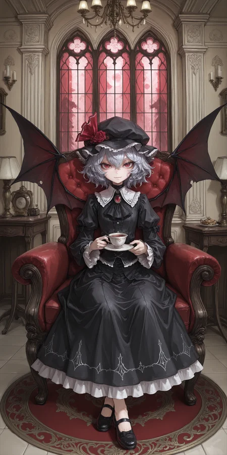 1girl, Remilia Scarlet \(touhou project\), ruffle hat, red eyes, slit pupils, detail pupil, eyelashes, fang, gothic, bow, puff sleeves, mary jane shoes, holding teacup, sitting in western armchair, vampire wings partially unfolded, crossed ankles posture, 
BREAK
victorian parlor, crimson flock wallpaper, stained glass window light projection, antique side table, oil portrait wall decor, tea tray with cookie stand, blood moon motif carpet, velvet drapery folds, chandelier crystals