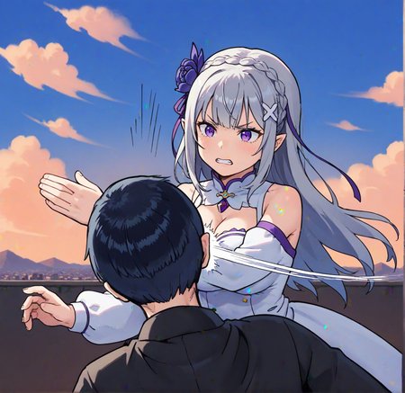 score_9,score_8_up,score_7_up,masterpiece, best quality, <lora:WHM 0.2v:0.5>, WHM, 2D,anime,  
<lora:batman_slap:0.7>, 1girl, 1boy, slapping, slapping motion, motion lines,
BREAK
1girl, 1boy, slapping, slapping motion, motion lines,
angry,
<lora:shiEmiliaV2:0.5>, shimilia, long hair, grey hair, purple eyes, pointy ears,
crown braid, hair flower, hair ribbon, purple ribbon, x hair ornament,
white dress, cleavage, bare shoulders, wide sleeves,
white thighhighs, thigh boots,large breasts, 
thighhighs,
outdoors, scenery, cloud, blue sky,Water City,road, black hair male,
BREAK
1girl, 1boy, slapping, slapping motion, motion lines, black hair male,sparks hair, 
black hair male, natsuki subaru, black jacket male,   white dress female, 
 long sleeves, <lora:NatsukiSubaruAIO-XL-V1:0.5>