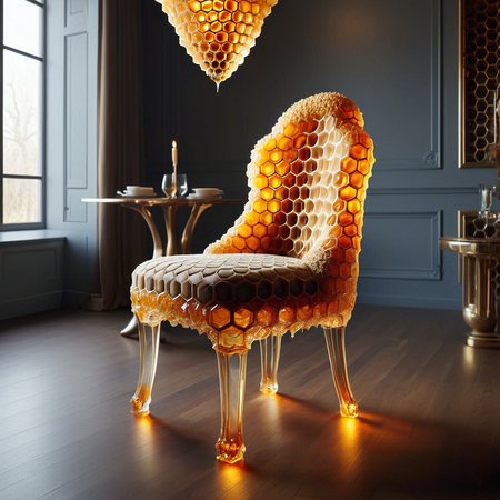 An opulent dining room chair made out of honeycomb, luxurious, expensive, warm, glowing, tasty  <lora:Honeycomb_Morph-000007:0.8>
