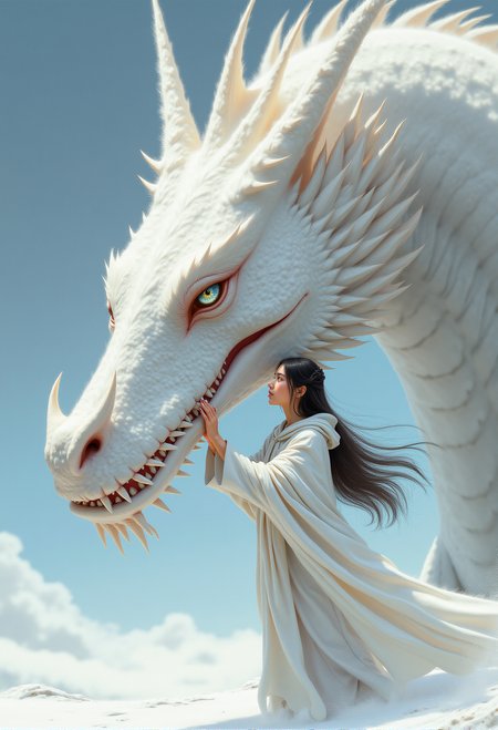 a detailed digital illustration of a young woman and the giant magnificent snow dragon long face, white fangs and straight teeth . The woman has long flowing hair and wears a hooded white silk cloak with her hands gently touching the huge dragon's white nose. The magnificent snow dragon  with its shiny metallic scales and intense eyes appears both giant and fearsome. The composition highlights the strong and tender bond between the beautiful woman with delicate loving expression contrasting the dragon's menacing yet devoted expression. The use of clean fine lines with realistic-like shading focuses on the intricate details of the magnificent snow dragon elaborate face appearance giving the image an epic and breathtaking look. The overall cold palette with subtle beige tones and bright white shiny tones of snow adds an epic and serene atmosphere. Highly detailed.