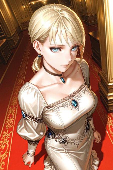 masterpiece, best quality, absurdres,
<lora:HGFiona:1.0>
HGFiona, 1girl, blonde hair, ponytail, blue eyes, looking at viewer, Dutch angle, beaded dress, earrings, elegant, makeup, fancy party room, indoor, golden details, dramatic light, high angle view