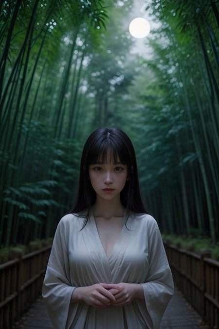 1girl, hyuuga hinata, purple eyes, white eyes, blunt bangs, black hair, hime cut, very large breasts, looking at viewer, fringe,konohagakure symbol, headband around neck ,solodynamic ink painting of a bamboo grove of japan, black and white,monochrome, great art, great sense of depth, ground level shot, the most beautiful bamboo grove in the world, bamboo leaves shining through rainwater, moon\(pale blue\) with a light overcast, beautiful woman\(ancient Japanese noble, beautiful kimono, beautiful long black hair\) looking up at the moon holding an umbrella,raining softly, fireflies flying around, bamboo leaves are placed three-dimensionally in the foreground, long distance shot
score_9, score_8_up, score_7_up, score_6_up, score_9, score_8_up, score_7_up, score_6_up,  shot, <lora:sdxl_lightning_8step_lora:1>    <lora:breasts++-PD-breast_bags-1.0:1>    <lora:HerrscherAGGA2024_Polo_Shirt_V1:0.6>   <lora:GirlfriendFNF_PDXL:0.8>