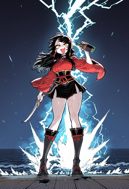 stormbound pirate, stormy lighting, shattered dock, sea spray, lightning flash, night,
1girl, milf, black hair, yellow eyes, pale skin, medium breasts, red lipstick, mascara, long hair, hime bangs, hair ornament,
crimson and black outfit, short skirt with slit, tall boots, hair blowing wildly, japanese clothes,
standing on shipâs wreck, one hand gripping bottle, other hoisting skirt slightly to show dagger strap, laughing at the storm, wet fabric clinging to legs, (disintegration effect:1.4), action pose,
full body, front view,
<lora:SSAMBAteaIL-style:1>, ssambatea,masterpiece,best quality,amazing quality,