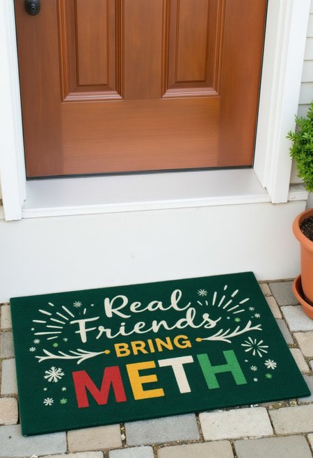 Photograph of a colorful welcome mat placed in front of a front door. The mat features a simple dark green design with the phrase "Real Friends Bring METH" in bold, vivid letters.