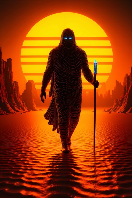 In a vast, desolate desert under the blazing heat of three suns, a towering figure made entirely of molten glass walks slowly across the shimmering dunes. His body reflects the harsh sunlight, each step causing ripples of heat to rise from the sand, distorting the air around him. In his hand, he holds a staff made of obsidian, its tip glowing faintly with a cold, white light that contrasts with the fiery desert landscape. Behind him, the remnants of a once-great city lie in ruins, its twisted metal towers crumbling and half-buried beneath the endless waves of sand. The sky above is a deep, burnt orange, and the suns hang low, casting long, sharp shadows across the scorched earth. Despite the oppressive heat, the air is filled with a quiet stillness, broken only by the soft, almost imperceptible crackling of the figureâs glassy form. Far in the distance, strange, hovering creatures move lazily through the air, their translucent wings catching the sunlight as they drift aimlessly above the dunes. The figureâs glowing eyes are fixed on the horizon, where a single, dark cloud begins to form, a sign of something ancient and powerful awakening in the heart of the desert.,ck-nw, in the style of ck-nw<lora:ck-Neon-Retrowave>