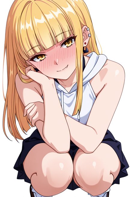 masterpiece,high quality details, absurdres,
 <lora:Ruriko:0.8>enh_cnr,
ruriko_cnr,1girl, blonde hair, long hair,blunt bangs, yellow eyes, fang, ear piercing,earrings,, simple background, white background, front view,solo,, full-face blush,seductive smile,, arm draped over forehead,squatting position,slight head tilt,, sleeveless hoodie,halter top ,skirt,,bobby socks,