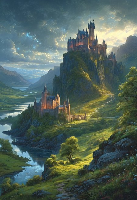 (by Ellen Jewett:1.5), (Bioluminescent Impressionism,) A captivating night scene illustration featuring a beautiful castle on a large  hill overlooking a lake in the highlands of Scotland. The castle is ancient but well maintained and updated and comfortable to live in.  This enchanting artwork captures a serene and peaceful early morning, where the sun is just starting to rise over the beautiful highlands and castle which   stands resolute amidst highlands, creating a cinematic experience., illustration, cinematic
<lora:DonM3t3rn1tyXL-v1.1:0.7>, DonM3t3rn1tyXL,
OverallDetailXL  <lora:MJ52:0.3>  <lora:SDXLFaeTastic2400:0.4>  <lora:EpicF4nta5yXL:0.7><lora:add-detail-xl:1> <lora:RMSDXL_Creative:2>*Channel_42* ral-wlfnte, PEAnimeBG, scenery