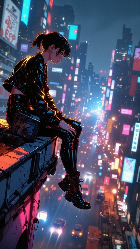Niji_anime, High-resolution anime-style illustration with bold painterly textures, vibrant metallic colors in the environment, and dynamic neon lighting. A young woman sits on the edge of a rooftop in side profile, overlooking a sprawling cyberpunk cityscape pulsing with electric blues, fiery oranges, and deep magentas. Her jet-black hair is styled into sleek, high twin ponytails, loose strands catching the cool night breeze. She wears a cropped, glossy bomber jacket over a form-fitting bodysuit, her knee-high boots reflecting the distant glow of holographic billboards. One leg is bent, the other dangling freely over the rooftopâs edge, her arms resting casually on her knee as she gazes into the distance with a calm, focused expression. Traffic streaks through the rain-slicked streets below, the hum of distant aircars blending with the flickering buzz of neon signs. A cool mist rises between the buildings, softening the harsh city lights, creating a cinematic, moody atmosphere with soft painterly gradients and crisp urban details.   <lora:Anime_Art_V3:0.7000000000000001> <lora:Evangelion_Post-impact_Apocalyptic_Style_Flux.1_D_by_AutoPastel-000019:0.9> <lora:Niji_anime_style_flux:0.6>