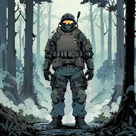 high-definition 8k comics artwork in dgst art style of an special forces soldier wearing tactical armor standing in a thick forest with fog, full body.