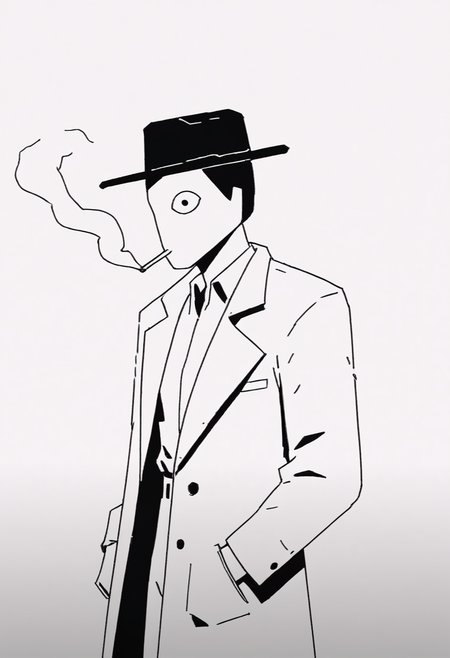 score_9, score_8_up, score_8,    <lora:Request_The_Wolf_Style_SIAMÉS_for_PonyXL:1> w0lfstyl3, monochrome, greyscale, 1bot, fedora, trench coat, smoking,