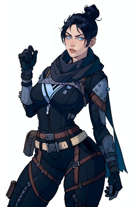 masterpiece,best quality,extreme detail,8k,white background,<lora:wraith:0.7>,wraith,1girl,solo,breasts,looking at viewer,bangs,blue eyes,black hair,gloves,medium breasts,belt,hair bun,scarf,parted bangs,bodysuit,thigh strap,single hair bun,clenched hand,realistic,black bodysuit,brown belt,open hand,black scarf,grey gloves,nose piercing,wide hips,