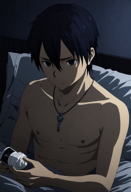 high resolution, professional photography, best quality, 1Boy, Kirigaya Kazuto, Black Hair, Black Eyes, overalldetail, bedroom, dimly lit, pillow, blanket, necklace, upper body quarter, sexual stimulation, tissue, lotion, climax, masturbation, watching porn in smartphone, shirtless