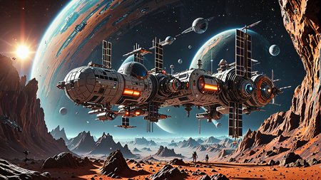 a space station orbiting an alien planet,  high quality,8 k, masterpiece, vivid colors, dramatic lighting <lora:addMoreDetails:1> Ultra details++,add more details
