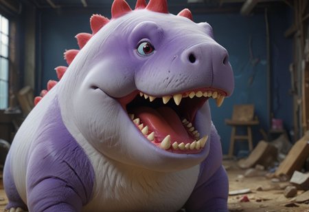HD, Raytracing, cinematic, sense of scale, 1massive chonkasaurus white, big red round nose, red lipstick, blue eyeshadow, glasgow smile, atmospheric, empty space, colours, blurry background, realistic fur, purple realistic eyes, bloodshot eyes, <lora:chonkasaurus-000003:1>