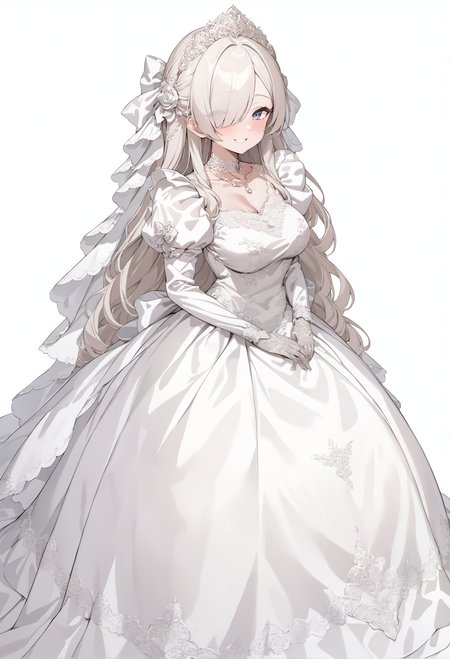 ultra-detailed, masterpiece, best quality, wallpaper, 8k, pixiv,
standing, 
(solo, 1milf, over 30 ages), princess, bride,
smile,
shiny hair, hair over one eye,
tsurime,
over skirt, tiala, bridal vail, (white metalic satin),
(white simple background:1.3), 
<lora:Wedding_Dress_v2:1> wedding dress, , lace trim, choker, necklace, long dress, lace gloves, juliet sleeves, puffy sleeves, long sleeves,