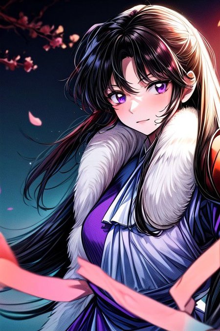 masterpiece,  best quality 1girl Setsun4 solo long hair,  (night time) forest background black hair very long hair purple eyes multicolored hair armor (fur trim) (medium body),<lora:EMS-179-EMS:0.800000>,<lora:EMS-293862-EMS:0.800000> bow, hair_bow, hair_tubes, red_bow, brown_hair, long_hair, bangs, ascot, frilled_bow, yellow_ascot, blush, smile, hair_between_eyes, athletic