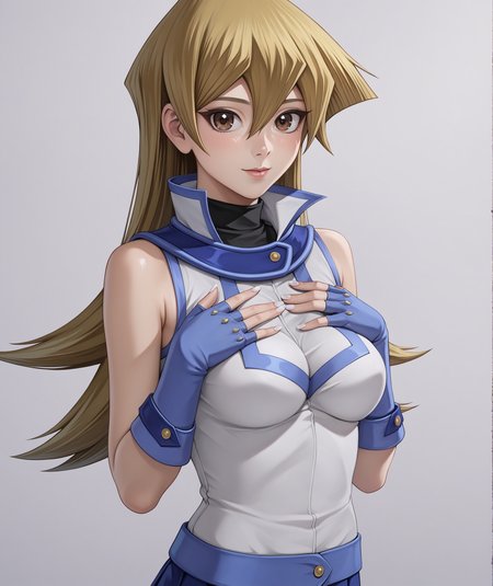 score_9, score_8_up, score_7_up, source_anime, highres, hi res, realistic, photorealistic, 2d, best quality, masterpiece, intricate details, official style, anime, 4k, anime style,
1girl, solo, female, brown eyes, long hair,  blonde hair, brown hair, hair between eyes, straight hair,
breasts, medium breasts, shiny skin, nail polish, fingernails, white nails,
shirt, skirt, gloves, bare shoulders, school uniform, white shirt, sleeveless, miniskirt, fingerless gloves, blue skirt, sleeveless shirt, turtleneck, blue gloves, duel academy uniform \(yu-gi-oh! gx\), tenjouin asuka, yu-gi-oh!,
hands on own chest, cowboy shot, looking at viewer, simple background, white background, gradient background, <lora:Asuka1024_Pony:1>