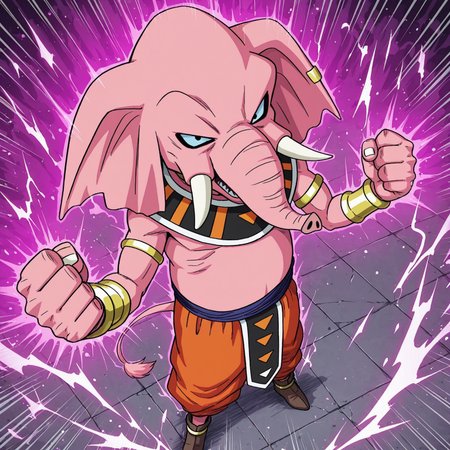 2d, solo, 1boy, Rumsshi, male, furry, furry male, elephant, animal ears, pink body, pink tail, blue sclera, black eyes, tusks, white fingernails, golden bracelets, Golden armlets, Golden earring, orange baggy pants, dark blue sash belt, brown shoes, Egyptian clothing

BREAK screaming, charging aura, pink aura, fists, standing, explosive aura, electricity, from above, outside

BREAK best quality, amazing quality, very aesthetic, absurdres, newest, masterpiece, high quality