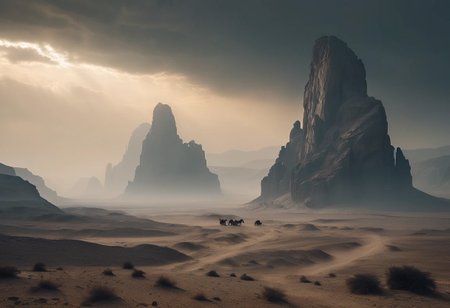 A vast antiquity caravan migrates through a barren desert valley, leading to a colossal weathered plain under a hazy sky, stony grays, a dense gray mist clogs the air with a soft ethereal glow,