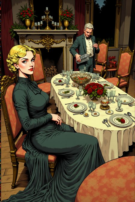 <lora:FANCHA_v.4:0.85> Fancha style.  This illustration portrays the aftermath of a lively dinner party, capturing a scene of quiet revelry and satisfaction. The setting is an elegant dining room with intricate details, from patterned dark red curtains to a grand fireplace adorned with a gold candelabra and decorative flower arrangements. A long, elaborately set dining table dominates the center, now cluttered with empty dishes, glasses, bottles, and a large crystal punch bowl, suggesting a feast that has just concluded. Some chairs have been stacked on each other, while others sit slightly askew around the table, adding to the sense of relaxed disorder. In the foreground, a young woman in a dark gray, glossy, stylish high neck adorned with a bow gown leans back against the table, her posture relaxed, with an expression of contentment and amusement. Her elegantly coiffed platinum blonde hair and confident pose convey a sense of sophistication and ease. Across the table, a man in a formal dark blue suit pours himself a final drink, seemingly savoring the end of the evening with a satisfied smile. His slightly disheveled appearance suggests that formalities have been cast aside as the guests wind down. The cross-hatched shading and fine linework give the scene a vintage, theatrical quality, enhancing the contrast between the refined setting and the informal atmosphere. This scene captures a sense of warmth and camaraderie, where the hosts or remaining guests linger to enjoy the final moments of the evening, basking in the afterglow of a successful gathering. The overall tone is one of comfort, companionship, and the timeless pleasure of good company.