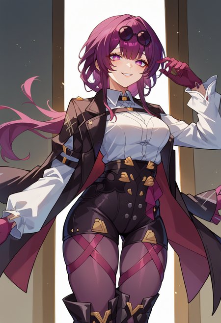 score_9, score_7_up, source_anime, solo, come hither, smile, cowboy shot, BREAK   <lora:kafka_pd_t4:1> kafkapd, no pupils, bangs, purple hair, purple eyes,  eyewear on head, collared shirt, gloves, jacket, pantyhose,asymmetrical legwear,single thigh boot,black shorts