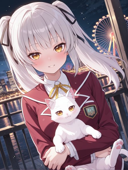 rein megumi,1girl,cityscape,white cat,holding cat,dutch angle,solo,smile,looking at viewer,blush,parted lips,upper body,sparkle,black hair ribbon,duel academy uniform \(yu-gi-oh! 5d's\),yellow neck ribbon,red blazer,white collared shirt,black miniskirt,night sky,ferris wheel,outdoors,
masterpiece,best quality,amazing quality,very aesthetic,absurdres,newest,scenery,extreme detail,8k,light particles,soft lighting,volumetric lighting,intricate details,finely detailed,detailed eyes,<lora:Rain Megumi & Jackal Misaki illusXL v1:0.77>,