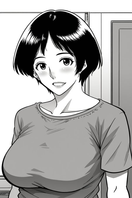 <lora:Hana_Hook-noriko:1>,noriko,1girl,mature female,greyscale,short hair,breasts,shirt,upper body,looking at viewer,indoors